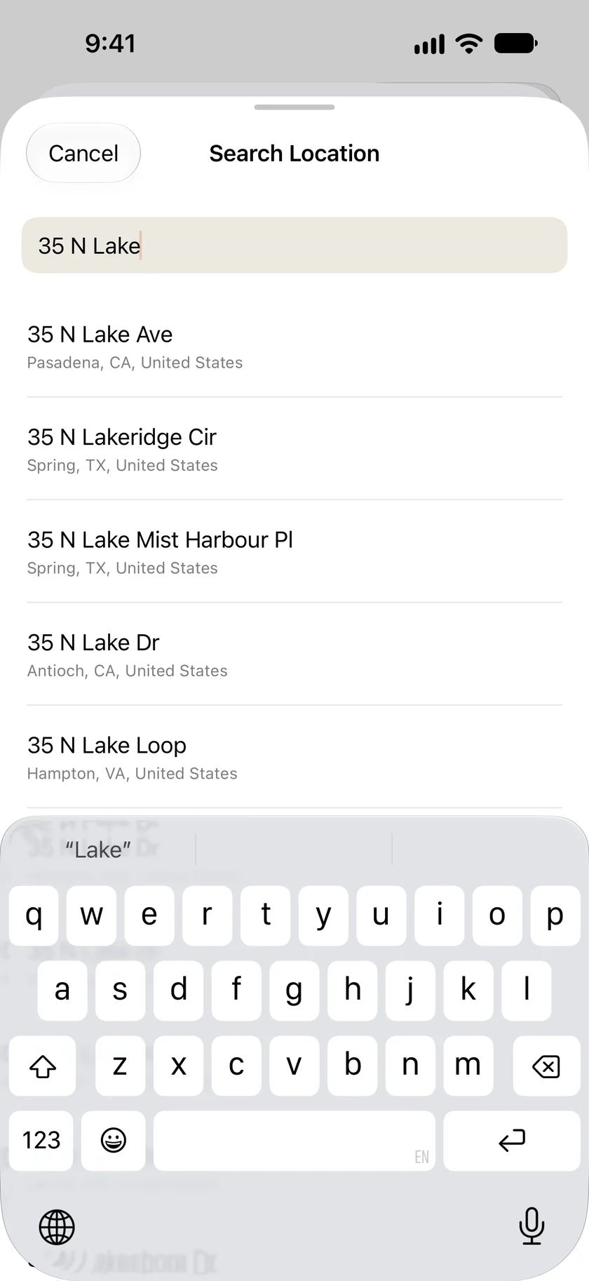 Picking an address for a new drive. “35 N Lake” has been typed into Search Location and matching addresses are listed underneath.