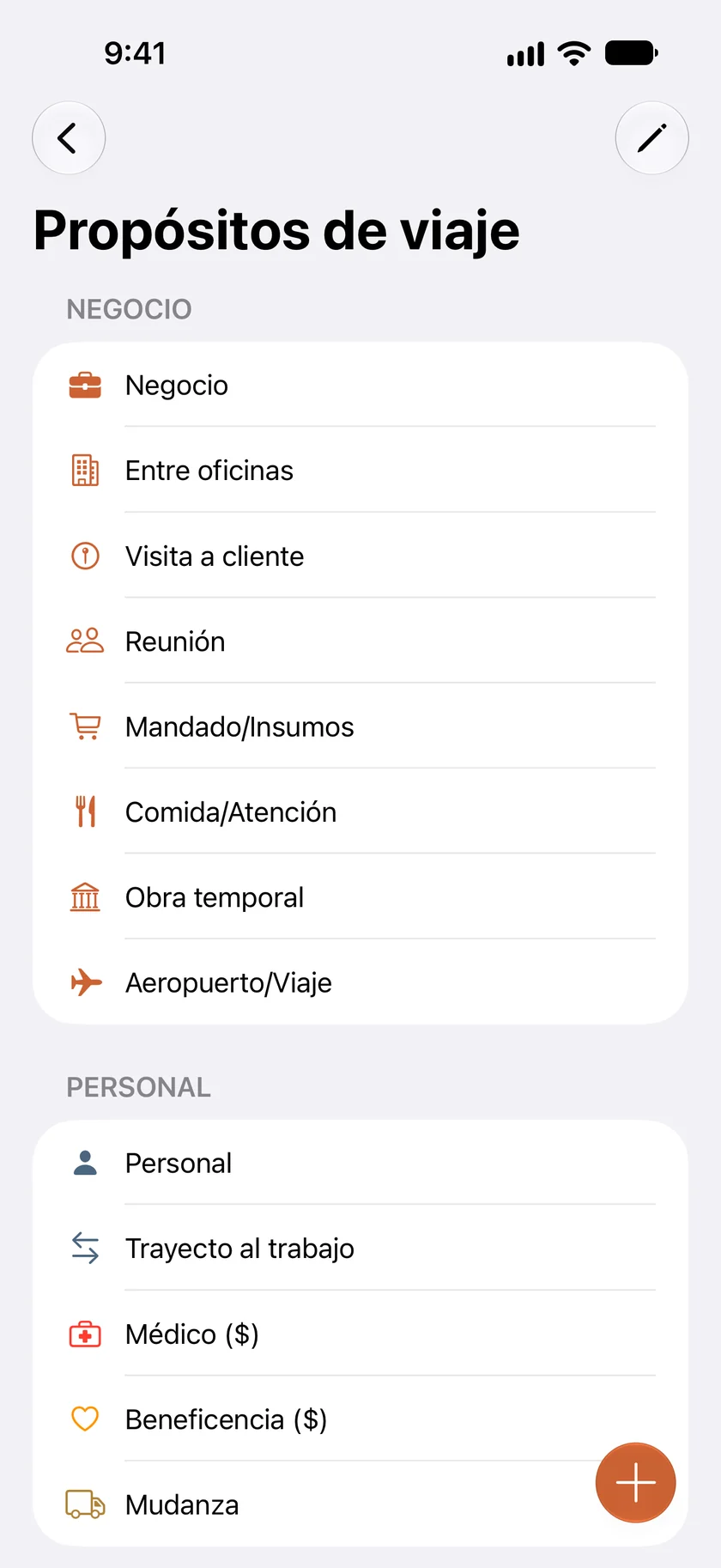 La pantalla Propósitos de viaje. Propósitos de negocio como Visita a cliente y Reunión, y debajo los personales, como Trayecto al trabajo y Médico, cada uno con su ícono.