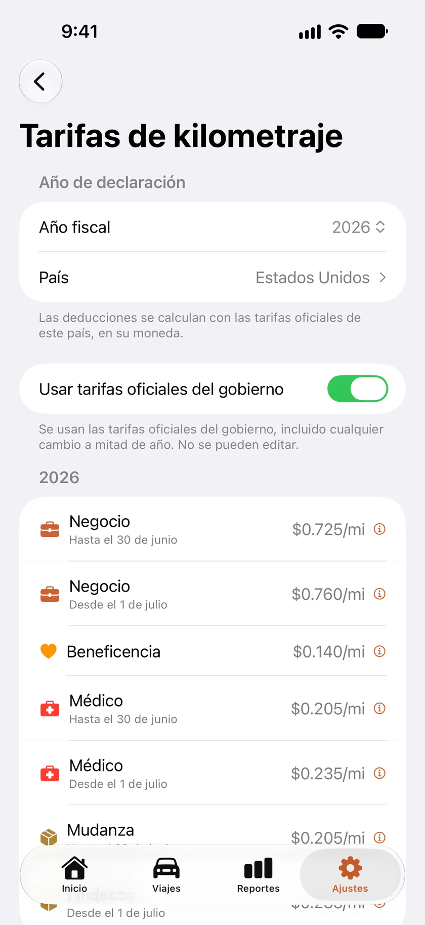 La pantalla Tarifas de kilometraje para el año fiscal 2026 de Estados Unidos, con las tarifas Negocio, Médico y Mudanza antes y después del 1 de julio, y la tarifa Beneficencia.