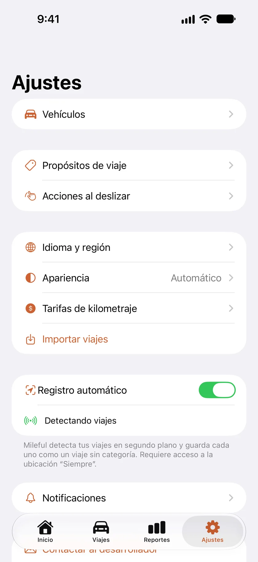 La pantalla Ajustes, con el Registro automático activado.
