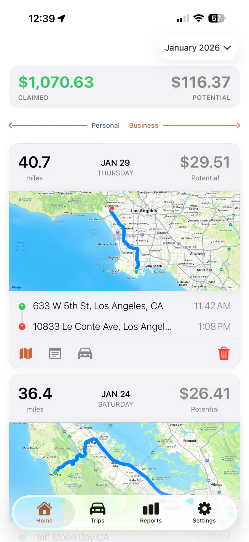 Mileful Home screen: the month’s claimed and potential tax deduction above two drives with their routes drawn on a map