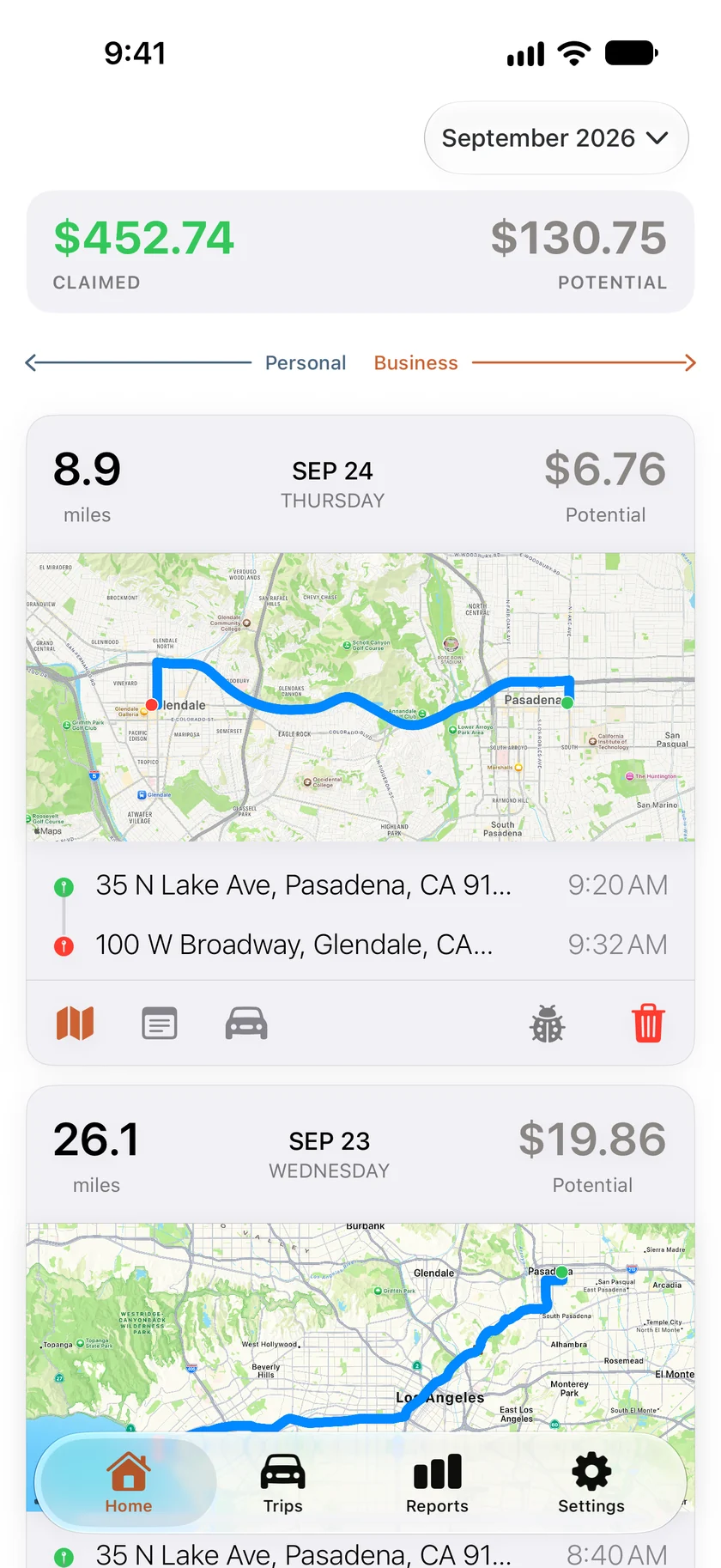The Home tab. The month’s Claimed and Potential amounts sit above two drives, each with its route drawn on a map.