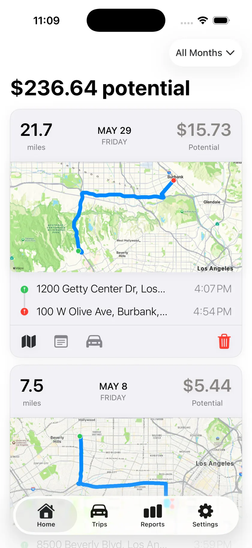 Mileful Home screen showing year-to-date business miles and estimated tax deduction