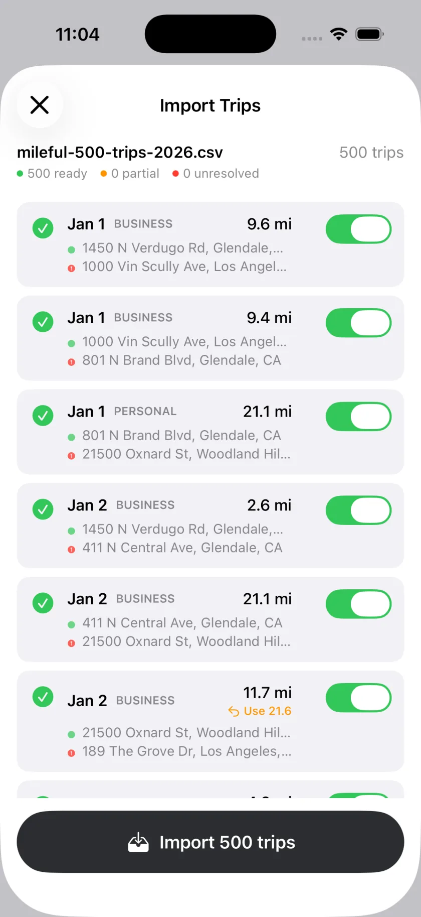 Mileful CSV import screen for bringing in trips from other trackers