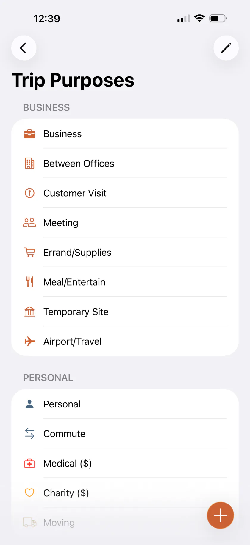 Mileful trip purposes, grouped into business and personal, each with its own icon and colour