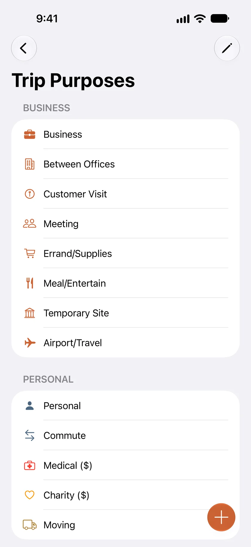 The Trip Purposes screen. Business purposes such as Customer Visit and Meeting, then personal ones such as Commute and Medical, each with its own icon.