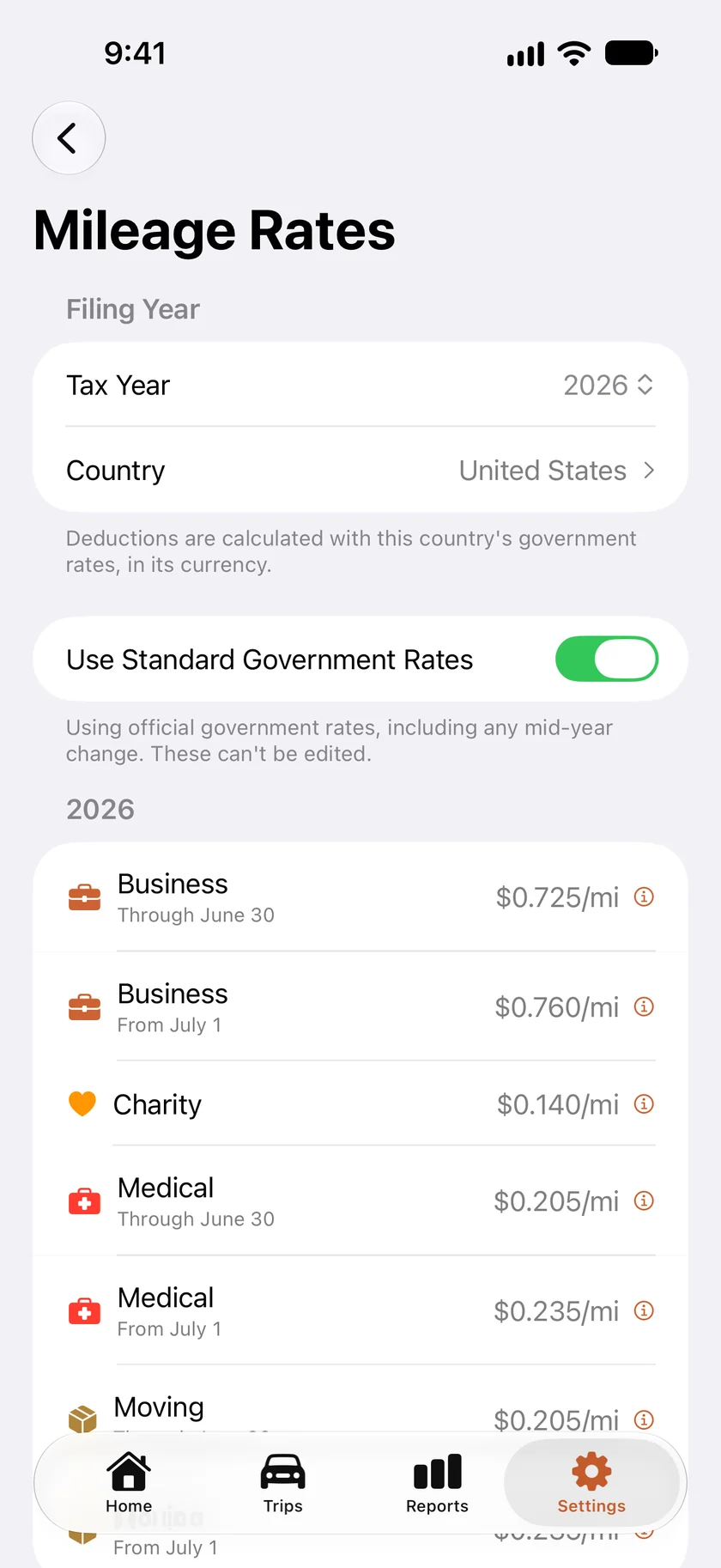 The Mileage Rates screen for the 2026 United States tax year, with the business, medical and moving rates before and after July 1, and the charity rate.