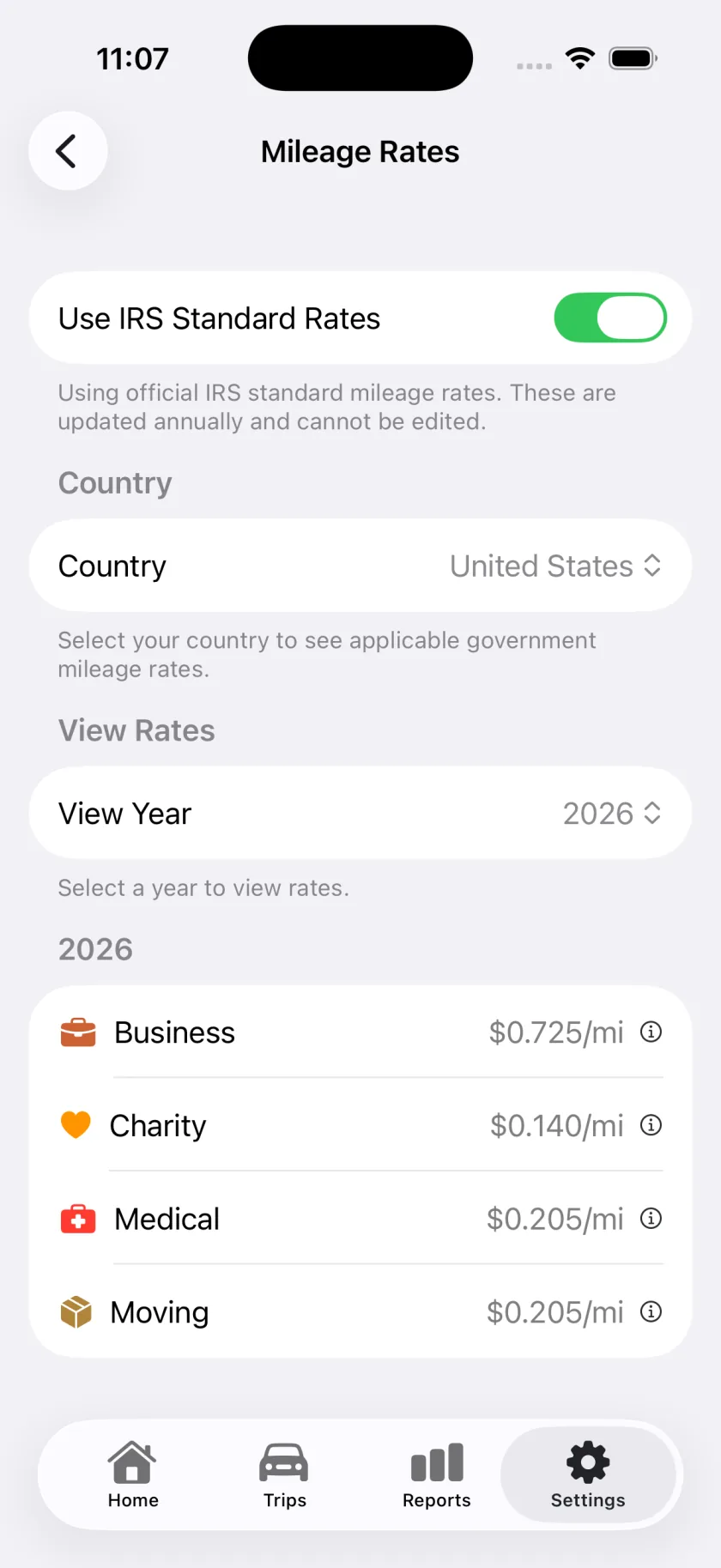 Mileful mileage rates screen with IRS, CRA and SAT rates