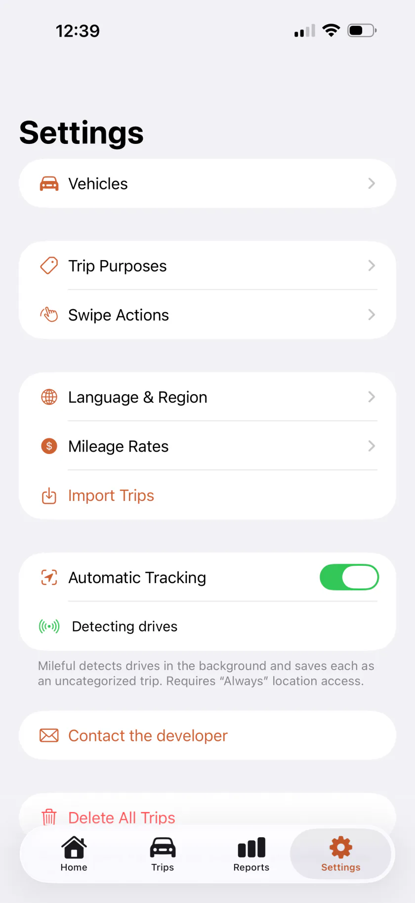 Mileful settings, with automatic drive detection switched on