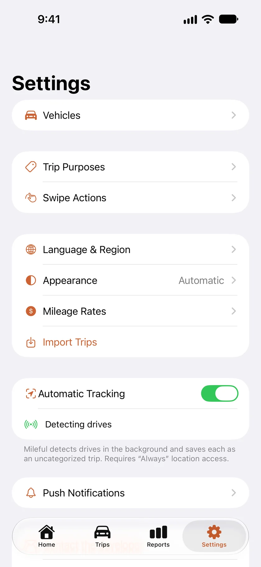 The Settings screen, with Automatic Tracking switched on.