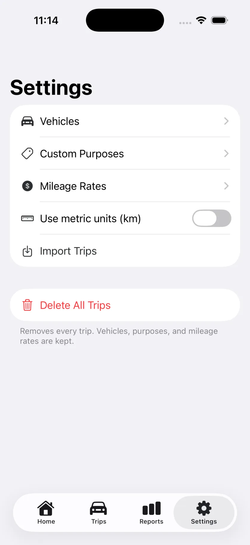 Mileful settings screen