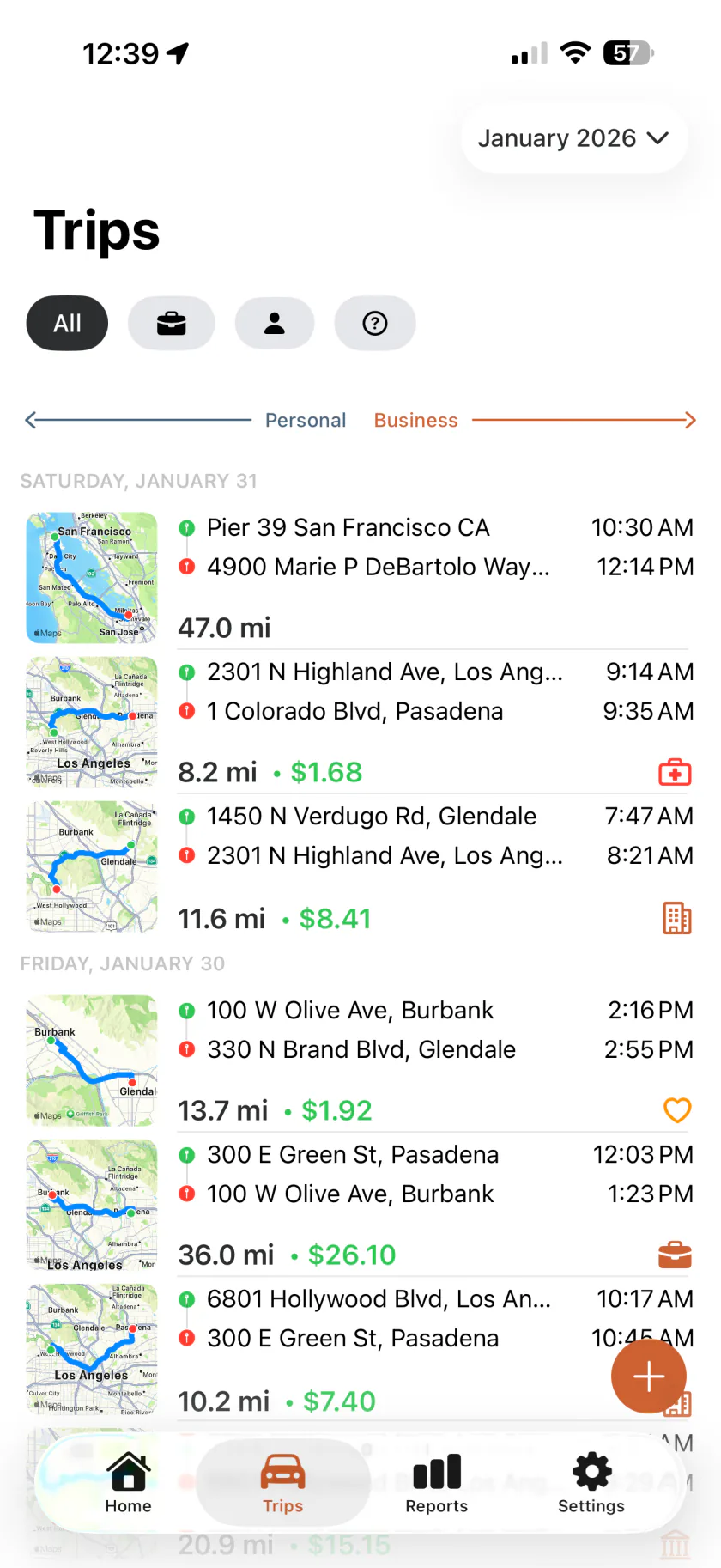 Mileful trip log grouped by day, each row showing a route thumbnail, the distance and the deduction