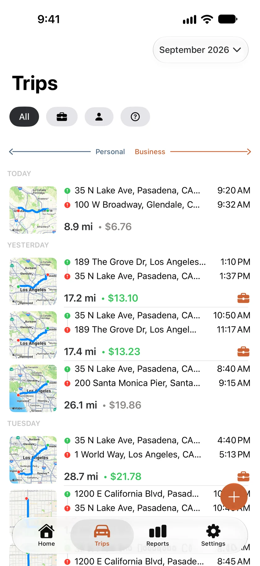 The Trips tab, grouped by day. Each row has a small route map, the distance and the deduction.