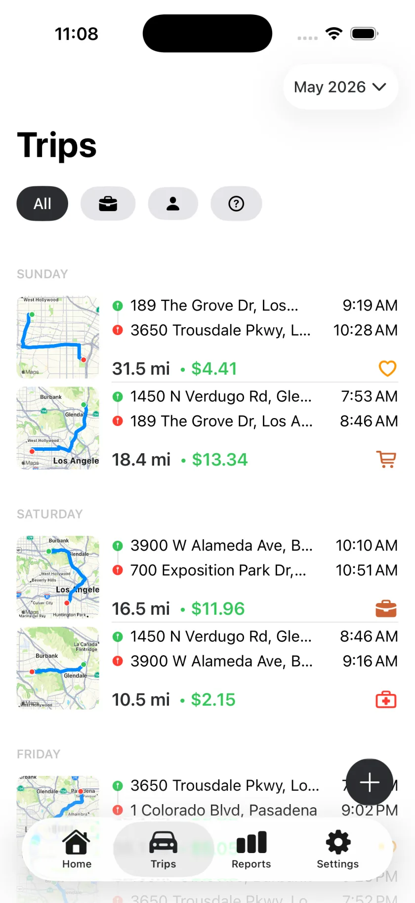 Mileful trip log grouped by date with color-coded categories
